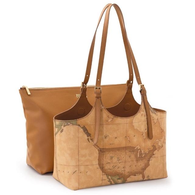 【Alviero Martini】義大利地圖包 經典地圖 附內膽長把子母大側背包42cm(地圖黃)