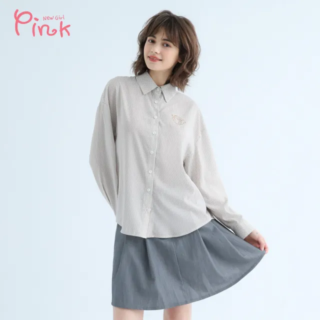 【PINK NEW GIRL】可愛小木偶印圖條紋長袖襯衫 X1201MA