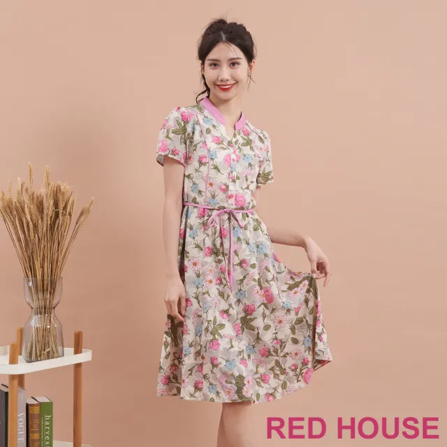 【RED HOUSE 蕾赫斯】浪漫亮眼花朵印花洋裝(粉色)