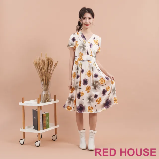 【RED HOUSE 蕾赫斯】氣質花朵V領緞面洋裝(米白色)