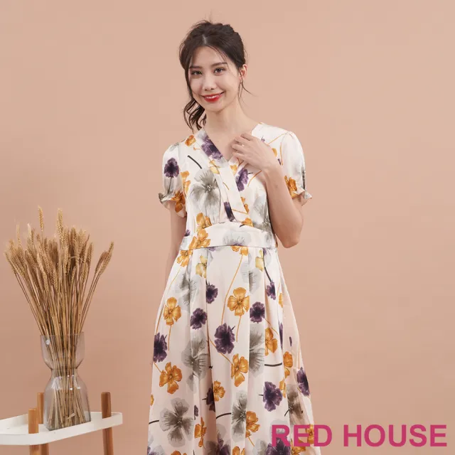 【RED HOUSE 蕾赫斯】氣質花朵V領緞面洋裝(米白色)