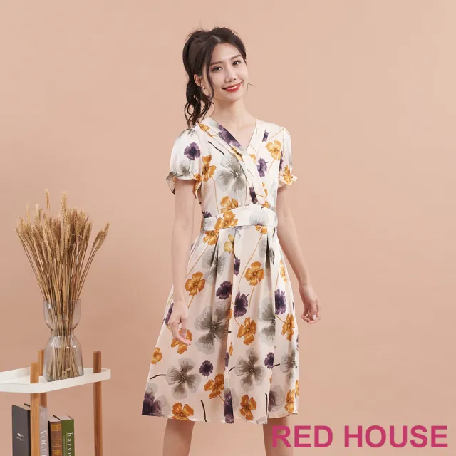 【RED HOUSE 蕾赫斯】氣質花朵V領緞面洋裝(米白色)