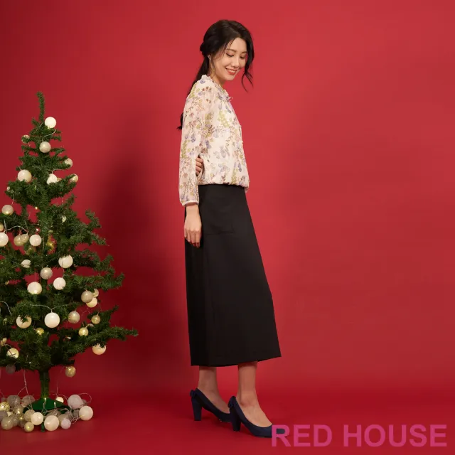 【RED HOUSE 蕾赫斯】時髦不對稱造型素面寬褲(黑色)