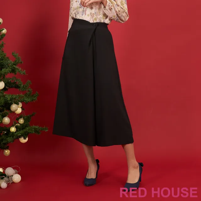 【RED HOUSE 蕾赫斯】時髦不對稱造型素面寬褲(黑色)