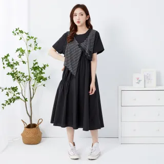 【betty’s 貝蒂思】假兩件格紋背心抽皺洋裝(黑色)