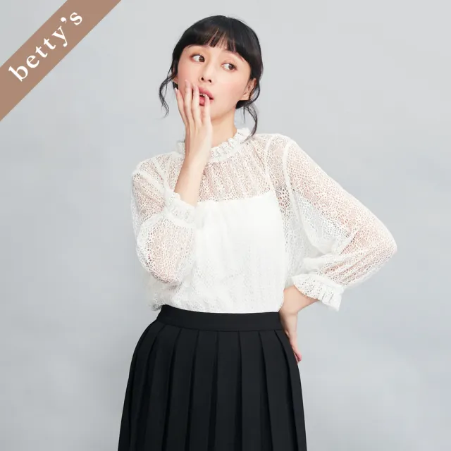 【betty’s 貝蒂思】出清品 荷葉邊小立領網布七分袖上衣(白色)