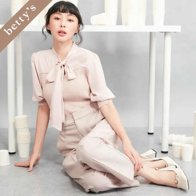 【betty’s 貝蒂思】出清品  領口綁帶雪紡拼接針織上衣(粉膚色)