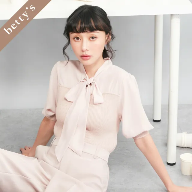 【betty’s 貝蒂思】出清品 領口綁帶雪紡拼接針織上衣(粉膚色)