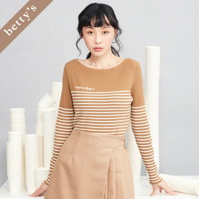 【betty’s 貝蒂思】出清品  橫條紋船型領針織上衣(駝色)