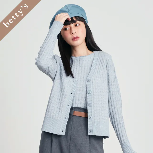 【betty’s 貝蒂思】出清品  格子壓紋針織開襟上衣(淺藍)