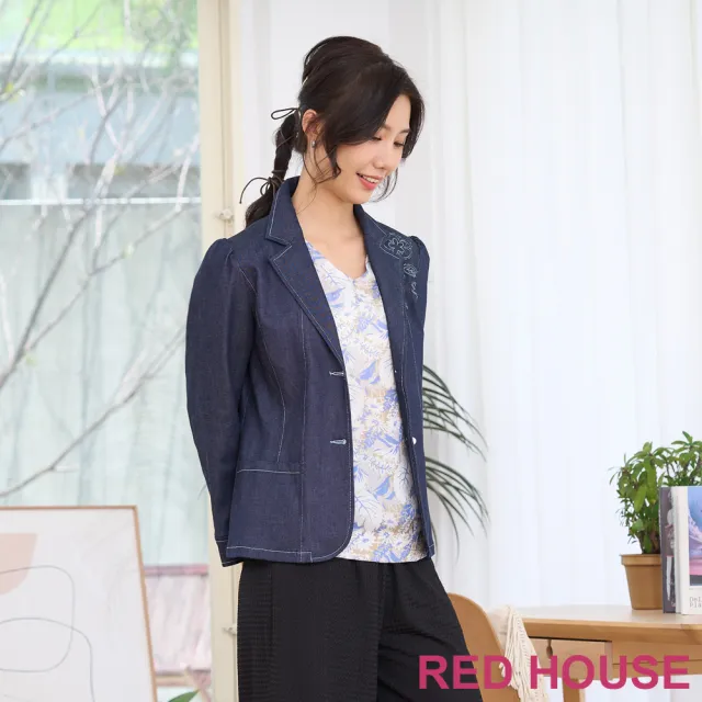 【RED HOUSE 蕾赫斯】花朵點綴牛仔西裝外套(藍色)