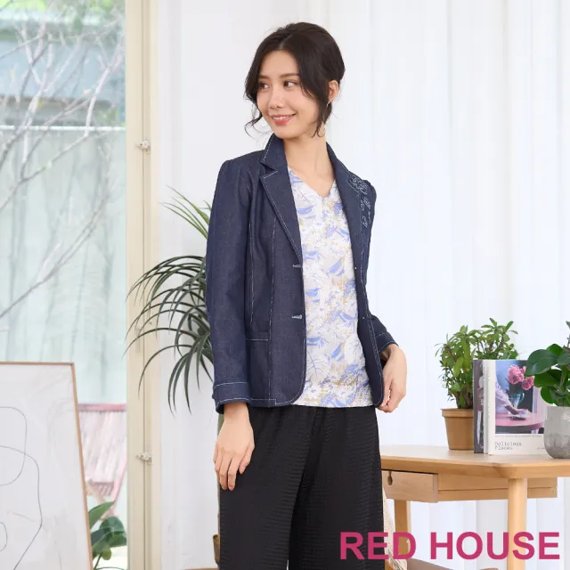 【RED HOUSE 蕾赫斯】花朵點綴牛仔西裝外套(藍色)