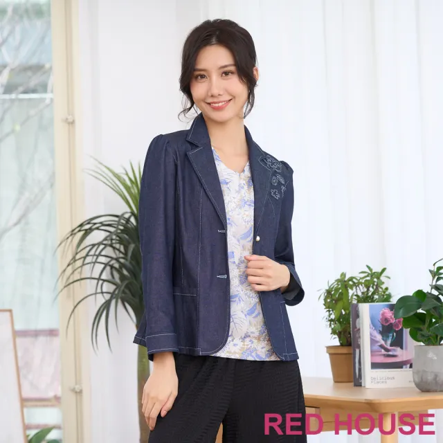 【RED HOUSE 蕾赫斯】花朵點綴牛仔西裝外套(藍色)