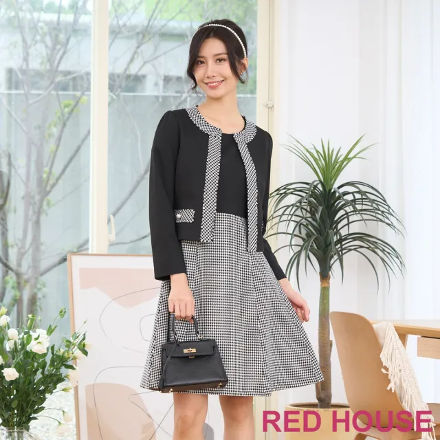 【RED HOUSE 蕾赫斯】千鳥格拼接小香風外套(黑色)