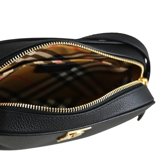 【BURBERRY 巴寶莉】簡約金屬TB LOGO小牛皮方包相機包斜背包(黑)