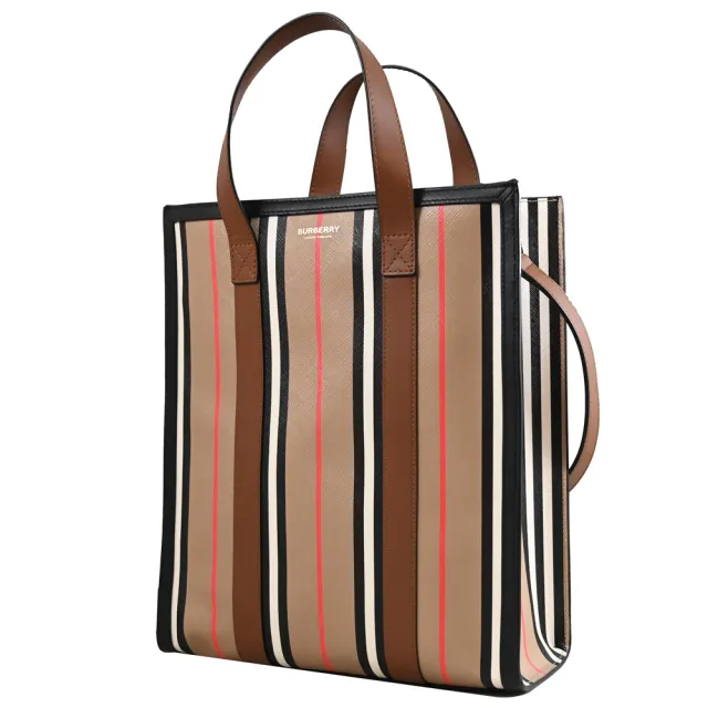 【BURBERRY 巴寶莉】英系經典條紋牛皮拼接手提紙袋造型手提袋兩用包(卡其)