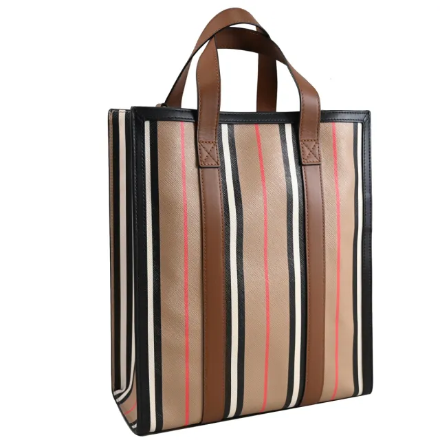 【BURBERRY 巴寶莉】英系經典條紋牛皮拼接手提紙袋造型手提袋兩用包(卡其)