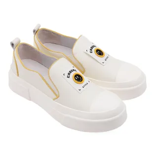 【A.S.O 阿瘦集團】BESO LITE WALK系列-率性牛皮跳色童趣笑臉直套平底休閒鞋(女鞋_米白色)