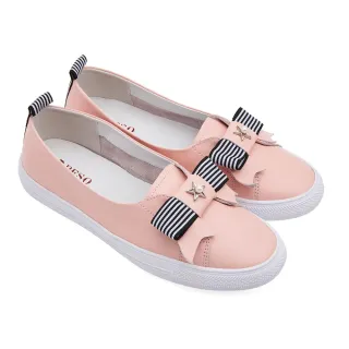 【A.S.O 阿瘦集團】BESO LADY GO系列-柔軟牛皮拼接蝴蝶結平底休閒鞋(女鞋_粉色)