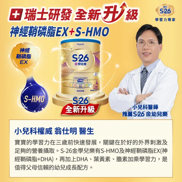 【惠氏 S-26】官方直營 金學兒樂S-HMO配方3-7歲（1600gx4罐）