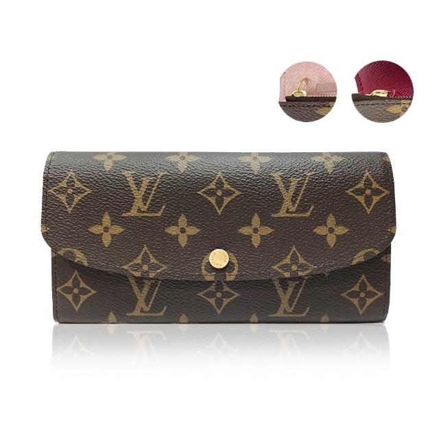 全新 LOUIS VUITTON 路易威登 M60697 Emilie 系列經典 Monogram 釦式長夾，採用咖啡色系與紫色系帆布設計，外層為帆布，內層為帆布加皮革，內附原廠紙盒（無品牌小卡，內部辨識碼已替換為感應晶片）。尺寸為長19公分、寬2公分、高10公分，適合日常攜帶，兼具時尚與實用性。適用男女，開口方式為釦式，內部有4個夾層，1個內袋，無手機袋。