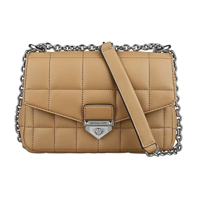 【Michael Kors】MICHAEL KORS SoHo絎縫設計羔羊皮推釦式鍊帶斜背包(小/駱駝棕)