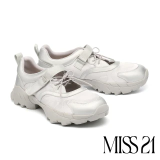 【MISS 21】星星球場魔鬼氈寬帶異材質厚底休閒鞋(銀)