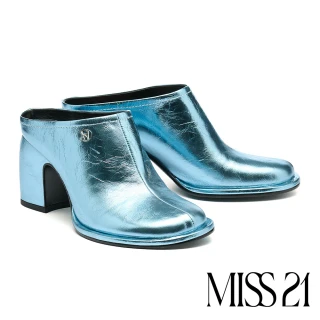 【MISS 21】星星太空LOGO金屬牛皮大頭高跟穆勒拖鞋(藍)