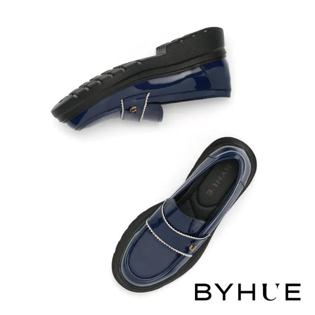 【BYHUE】純欲學院風U字釦寬帶異材質軟芯微Q底樂福厚底鞋(藍)