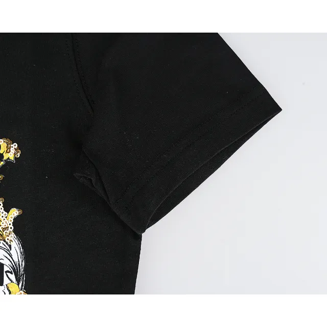 【VERSACE 凡賽斯】VERSACE JEANS COUTURE亮片藝術花紋搭圓圈設計棉質混紡修身短袖T恤(女款/黑)