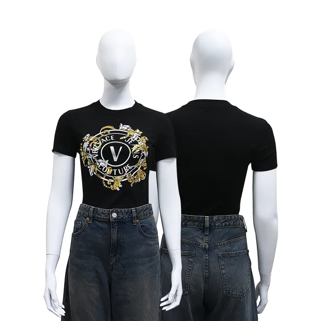 【VERSACE 凡賽斯】VERSACE JEANS COUTURE亮片藝術花紋搭圓圈設計棉質混紡修身短袖T恤(女款/黑)