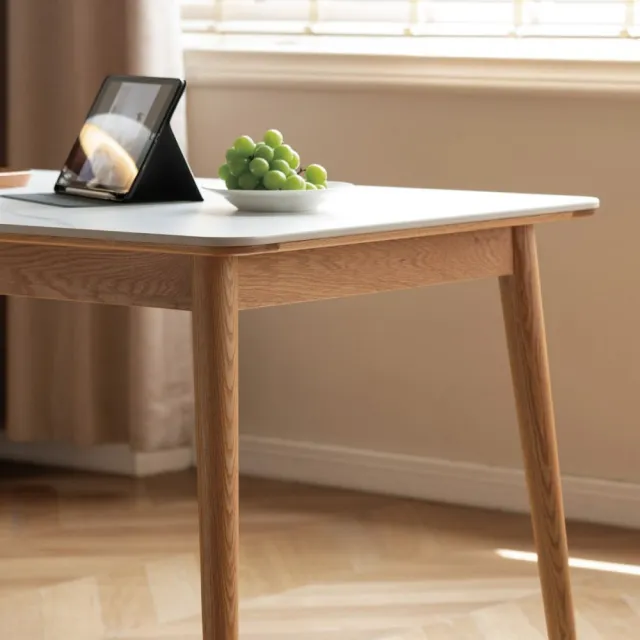 【hoi! 好好生活】YW雲岩橡木實木斜腳岩板餐桌1.4M 原木色 Y54R09