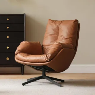 【hoi! 好好生活】YW艾諾羽絨有機皮旋轉單人沙發椅0.83M 棕黃色 S03117