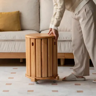 【hoi! 好好生活】源氏木語橡膠木實木原木色邊几堆疊圓凳4件組含滾輪底座 Y245T02