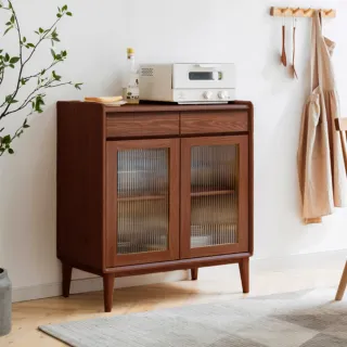 【hoi! 好好生活】預購60天★源氏木語布拉格橡木胡桃色雙抽玻璃餐櫃1M H84Q04