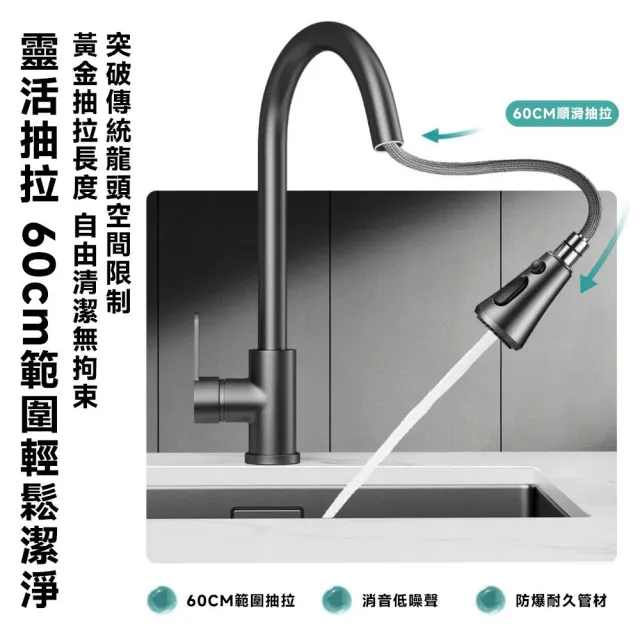 【匠藝家居】304不鏽鋼抽拉水龍頭 廚房水龍頭 冷熱水龍頭 水槽龍頭 廚房龍頭(三檔出水 萬向抽拉 一鍵止水)