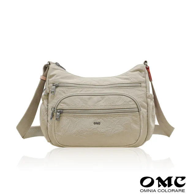 【OMC】雙11 輕盈紙感橢圓袋多隔層側背斜背包33601(淺杏色)