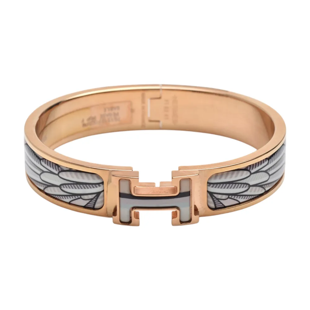 【Hermes 愛馬仕】經典Clic H LOGO翅膀圖騰琺瑯細版手環(白/玫瑰金H701312F-WHI-ROSE)