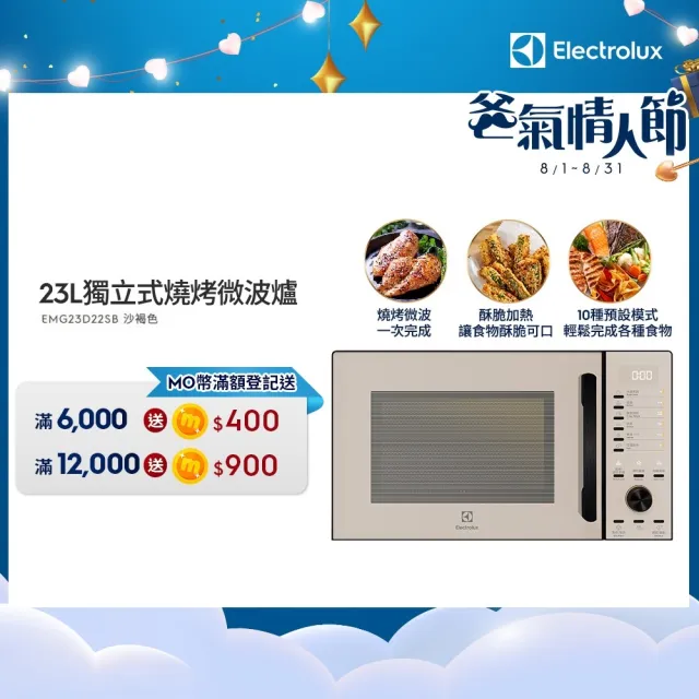 【Electrolux 伊萊克斯】極致美味500 23L獨立式燒烤微波爐-三色任選(EMG23D22SB/EMG23D22NB/EMG23D22B)