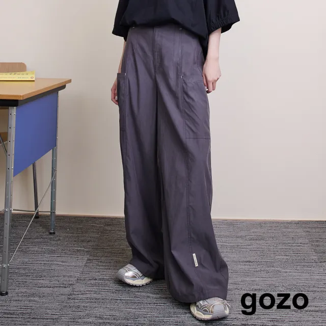 【gozo】涼感天絲褲腳抽繩口袋造型寬褲(兩色)