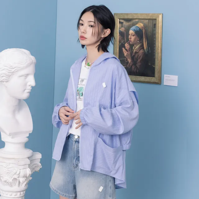 【gozo】涼感天絲抗皺條紋輕薄連帽外套(兩色)