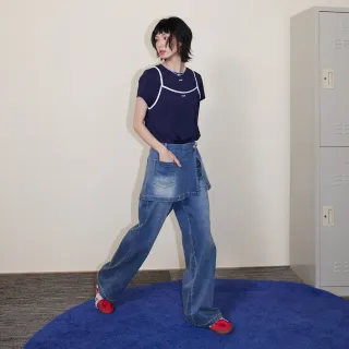 【gozo】A｜顯瘦刷色不對稱腰頭兩件式牛仔褲(兩色)