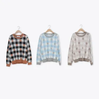 【Dailo】可愛動物格紋緹花針織上衣(藍 粉 駝/魅力商品)