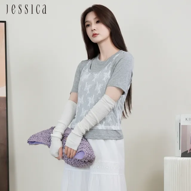 【JESSICA】假兩件套蕾絲背心彈力棉短袖T恤J53601