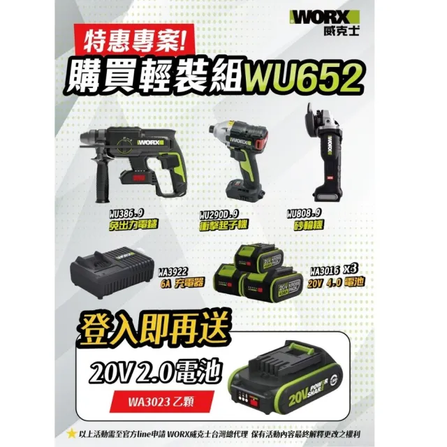 【WORX 威克士】20V 超CP值輕裝三機組 電錘+起子機+砂輪機(WU652)