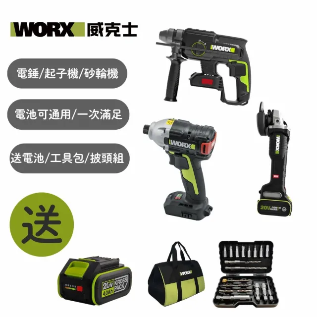 【WORX 威克士】20V 超CP值輕裝三機組 電錘+起子機+砂輪機(WU652)