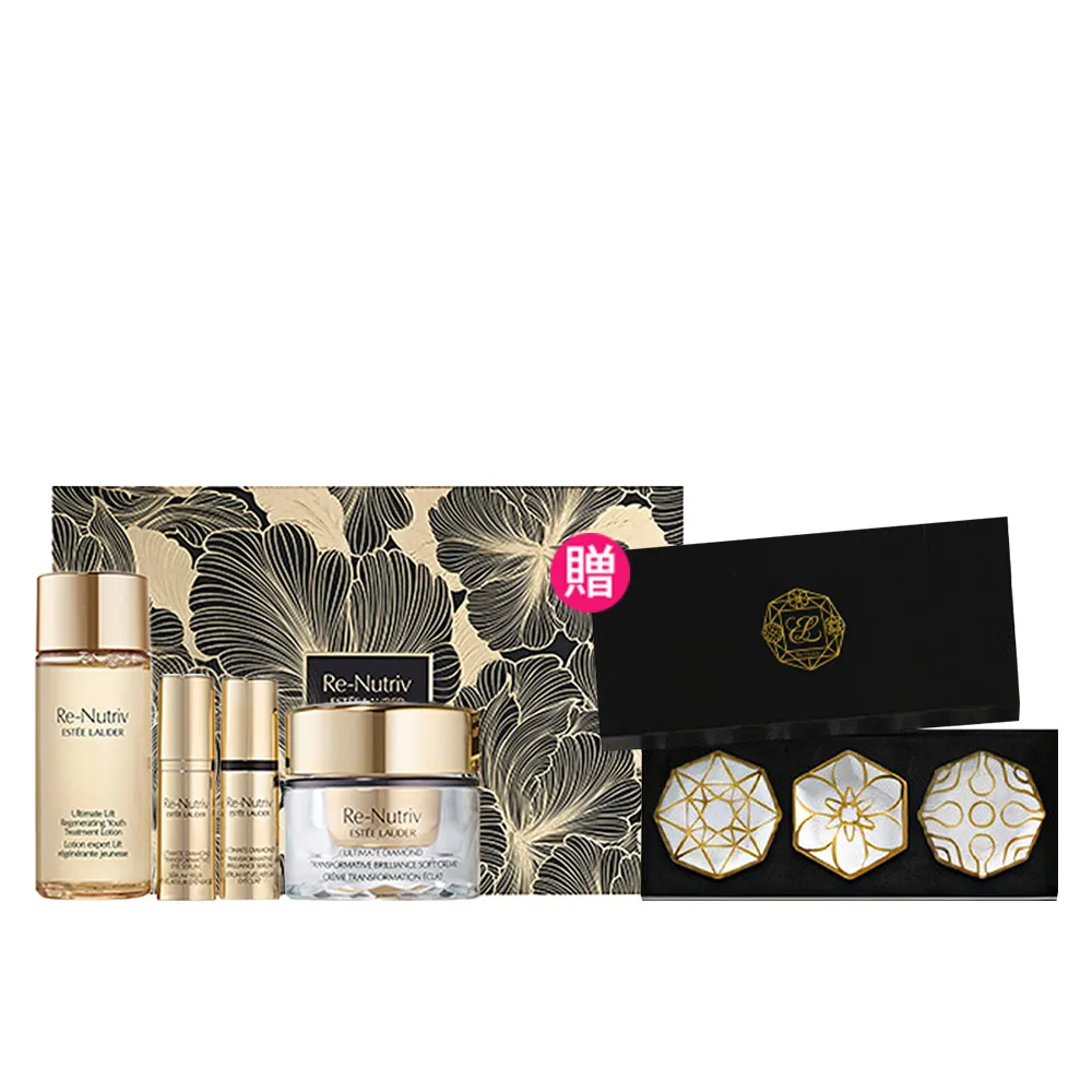 【Estee Lauder 雅詩蘭黛】白金級黑鑽綻光煥顏組(煥顏霜30ml+微導金萃5ml+亮眼精萃5ml+花秘凝露50ml/禮盒)
