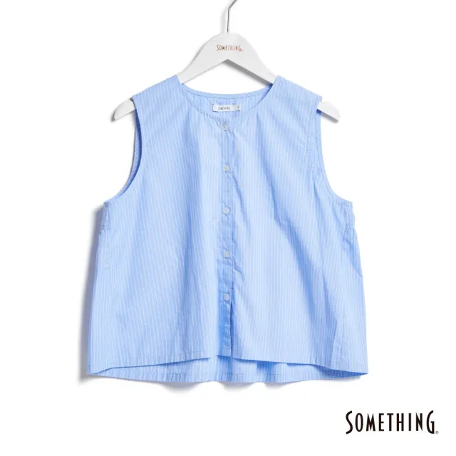 【SOMETHING】女裝 開襟條紋短版背心襯衫(淡藍色)