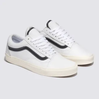 【VANS 官方旗艦】Old Skool 白色/黑色條紋皮革鞋面滑板鞋
