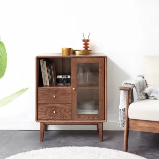 【hoi! 好好生活】預購60天★YW布拉格橡木實木玻璃拉門雙抽餐櫃0.8M 胡桃色